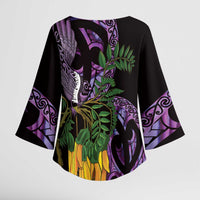 Purple New Zealand Kowhai And Piwakawaka Kimono Sleeve Blouse Maori Ngaru Paua Shell LT14 - Polynesian Pride