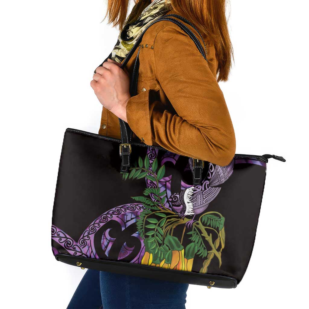 Purple New Zealand Kowhai And Piwakawaka Leather Tote Bag Maori Ngaru Paua Shell LT14 Purple - Polynesian Pride