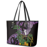Purple New Zealand Kowhai And Piwakawaka Leather Tote Bag Maori Ngaru Paua Shell LT14 - Polynesian Pride