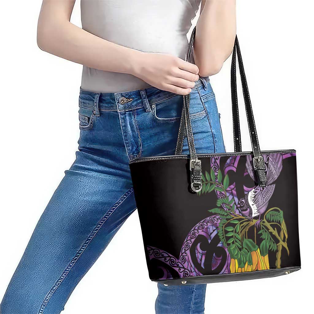 Purple New Zealand Kowhai And Piwakawaka Leather Tote Bag Maori Ngaru Paua Shell LT14 - Polynesian Pride