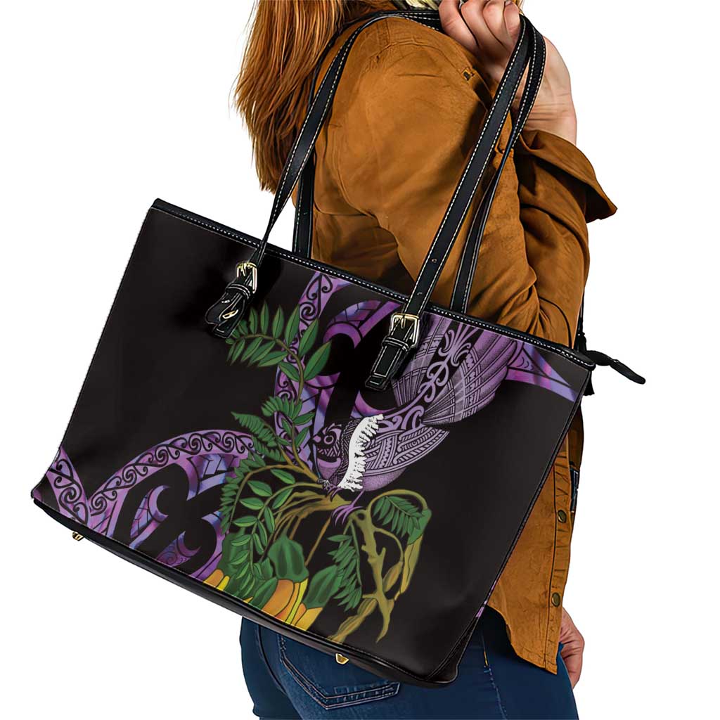 Purple New Zealand Kowhai And Piwakawaka Leather Tote Bag Maori Ngaru Paua Shell LT14 - Polynesian Pride