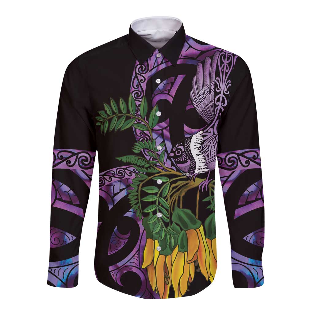 Purple New Zealand Kowhai And Piwakawaka Long Sleeve Button Shirt Maori Ngaru Paua Shell LT14 Unisex Purple - Polynesian Pride