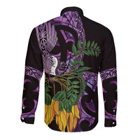Purple New Zealand Kowhai And Piwakawaka Long Sleeve Button Shirt Maori Ngaru Paua Shell LT14 - Polynesian Pride