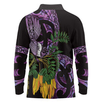 Purple New Zealand Kowhai And Piwakawaka Long Sleeve Polo Shirt Maori Ngaru Paua Shell LT14 - Polynesian Pride