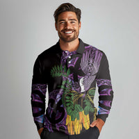 Purple New Zealand Kowhai And Piwakawaka Long Sleeve Polo Shirt Maori Ngaru Paua Shell LT14 - Polynesian Pride