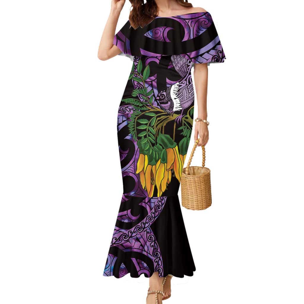 Purple New Zealand Kowhai And Piwakawaka Mermaid Dress Maori Ngaru Paua Shell LT14 Women Purple - Polynesian Pride