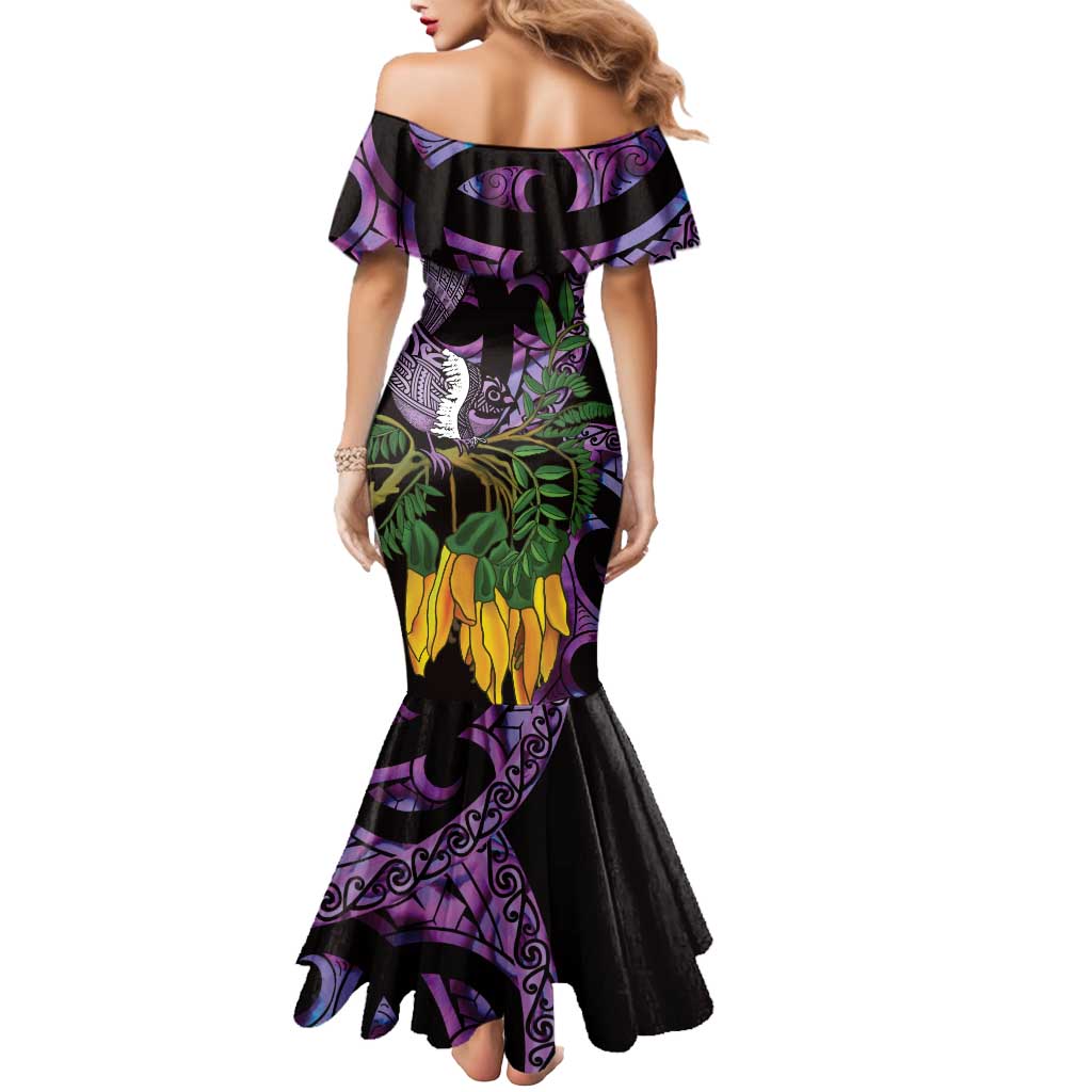 Purple New Zealand Kowhai And Piwakawaka Mermaid Dress Maori Ngaru Paua Shell LT14 - Polynesian Pride