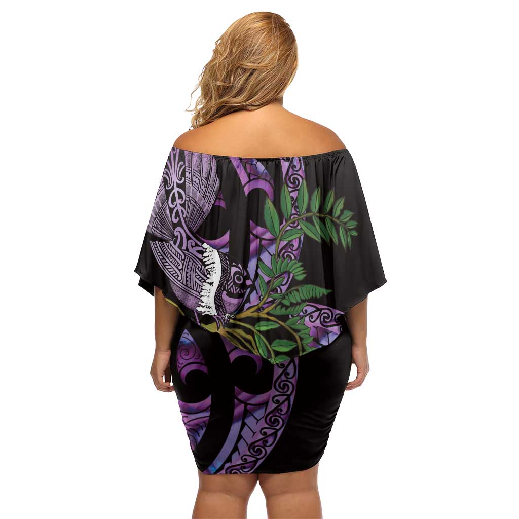 Purple New Zealand Kowhai And Piwakawaka Off Shoulder Short Dress Maori Ngaru Paua Shell LT14 - Polynesian Pride