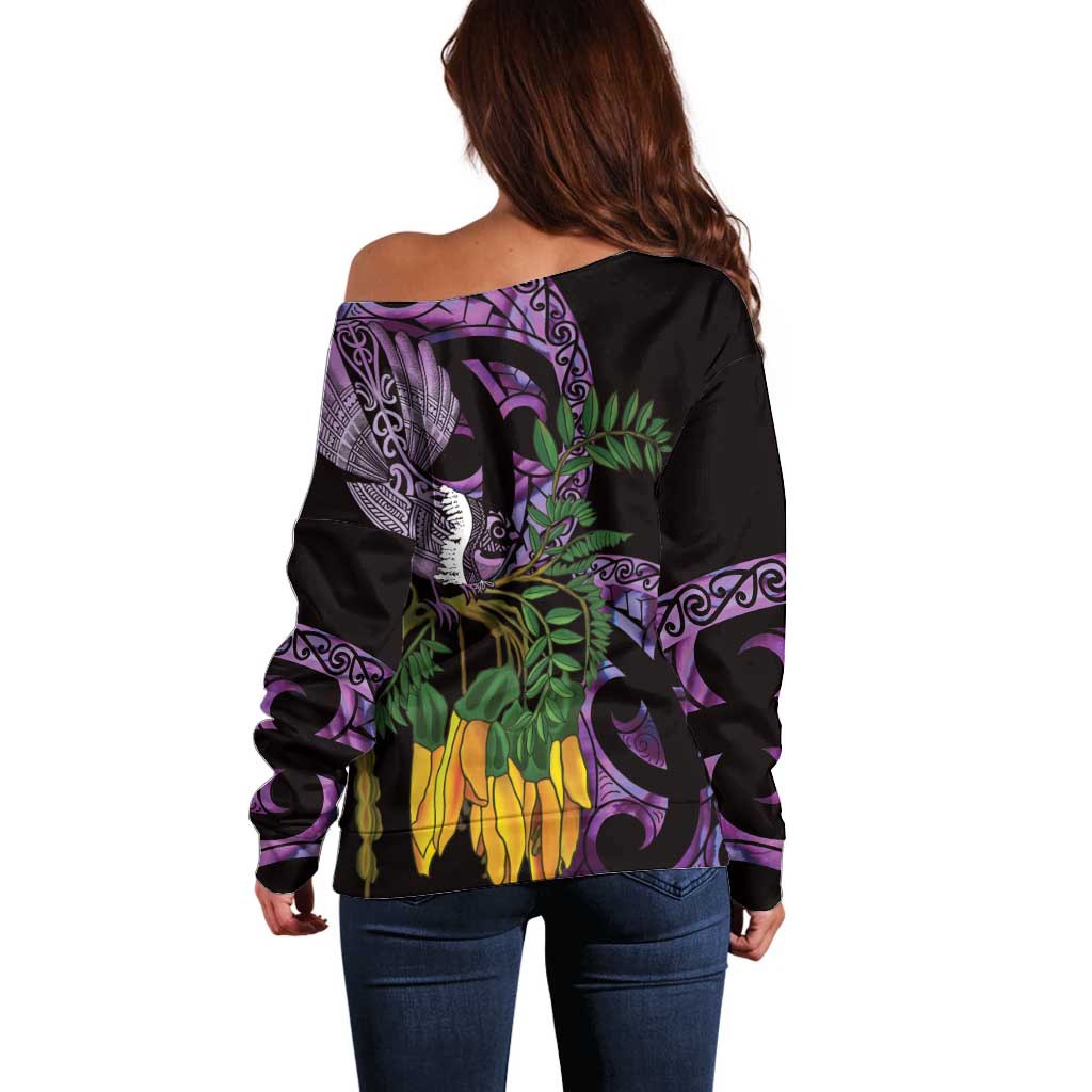 Purple New Zealand Kowhai And Piwakawaka Off Shoulder Sweater Maori Ngaru Paua Shell LT14 - Polynesian Pride