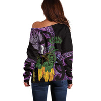 Purple New Zealand Kowhai And Piwakawaka Off Shoulder Sweater Maori Ngaru Paua Shell LT14 - Polynesian Pride