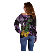Purple New Zealand Kowhai And Piwakawaka Off Shoulder Sweater Maori Ngaru Paua Shell LT14 - Polynesian Pride