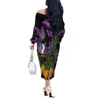 Purple New Zealand Kowhai And Piwakawaka Off The Shoulder Long Sleeve Dress Maori Ngaru Paua Shell LT14 - Polynesian Pride