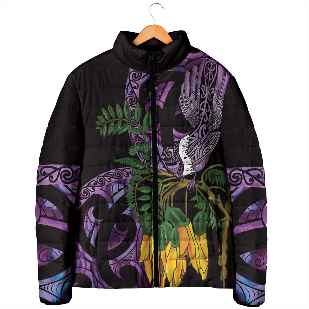 Purple New Zealand Kowhai And Piwakawaka Padded Jacket Maori Ngaru Paua Shell LT14 - Polynesian Pride