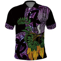 Purple New Zealand Kowhai And Piwakawaka Polo Shirt Maori Ngaru Paua Shell LT14 Purple - Polynesian Pride