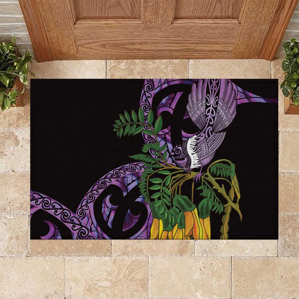 Purple New Zealand Kowhai And Piwakawaka Rubber Doormat Maori Ngaru Paua Shell LT14 Purple - Polynesian Pride