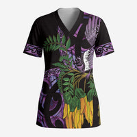 Purple New Zealand Kowhai And Piwakawaka Scrub Top Maori Ngaru Paua Shell LT14 Adult Purple - Polynesian Pride