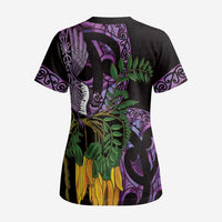 Purple New Zealand Kowhai And Piwakawaka Scrub Top Maori Ngaru Paua Shell LT14 - Polynesian Pride