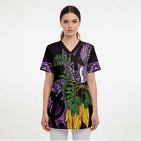 Purple New Zealand Kowhai And Piwakawaka Scrub Top Maori Ngaru Paua Shell LT14 - Polynesian Pride