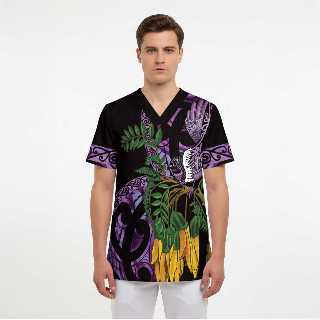 Purple New Zealand Kowhai And Piwakawaka Scrub Top Maori Ngaru Paua Shell LT14 - Polynesian Pride