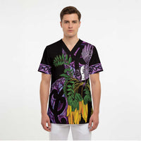 Purple New Zealand Kowhai And Piwakawaka Scrub Top Maori Ngaru Paua Shell LT14 - Polynesian Pride