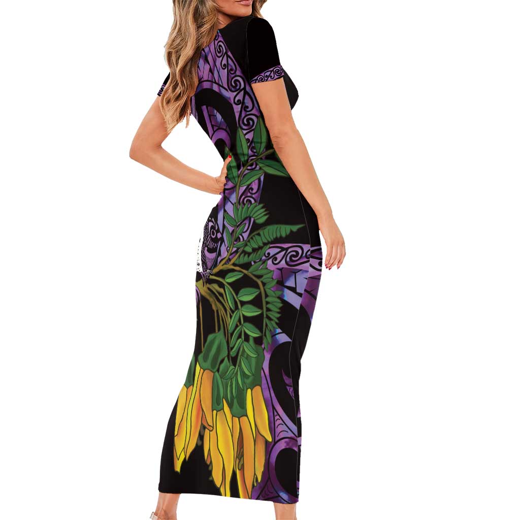 Purple New Zealand Kowhai And Piwakawaka Short Sleeve Bodycon Dress Maori Ngaru Paua Shell LT14 - Polynesian Pride