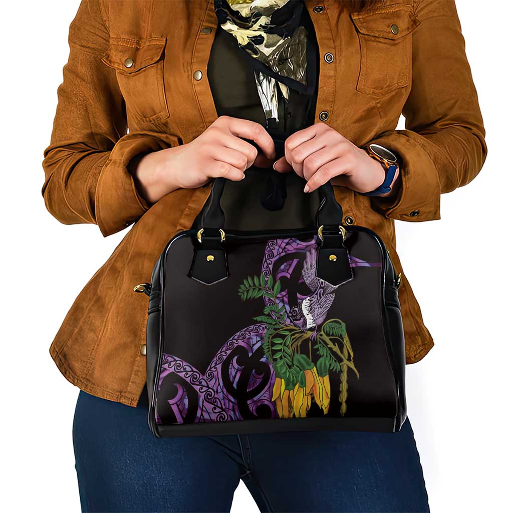 Purple New Zealand Kowhai And Piwakawaka Shoulder Handbag Maori Ngaru Paua Shell LT14 - Polynesian Pride