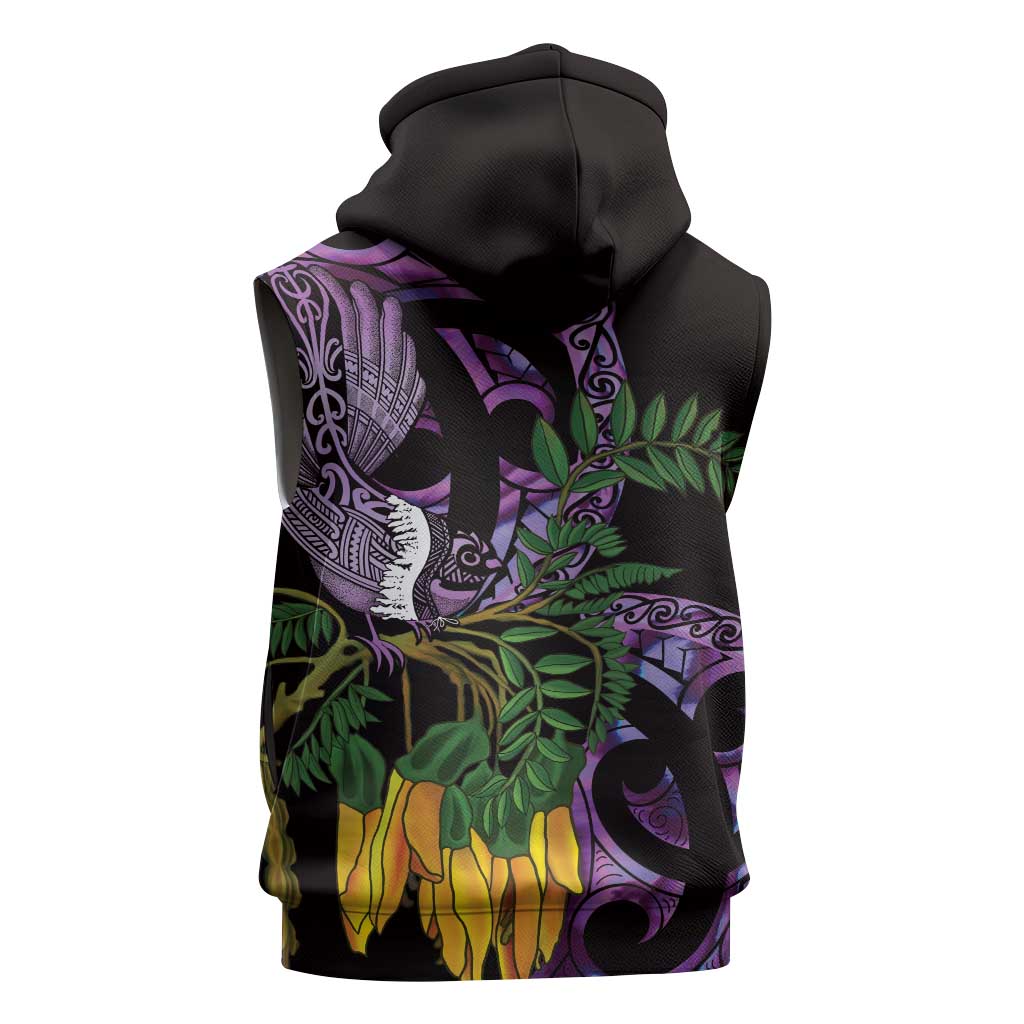 Purple New Zealand Kowhai And Piwakawaka Sleeveless Hoodie Maori Ngaru Paua Shell LT14 - Polynesian Pride