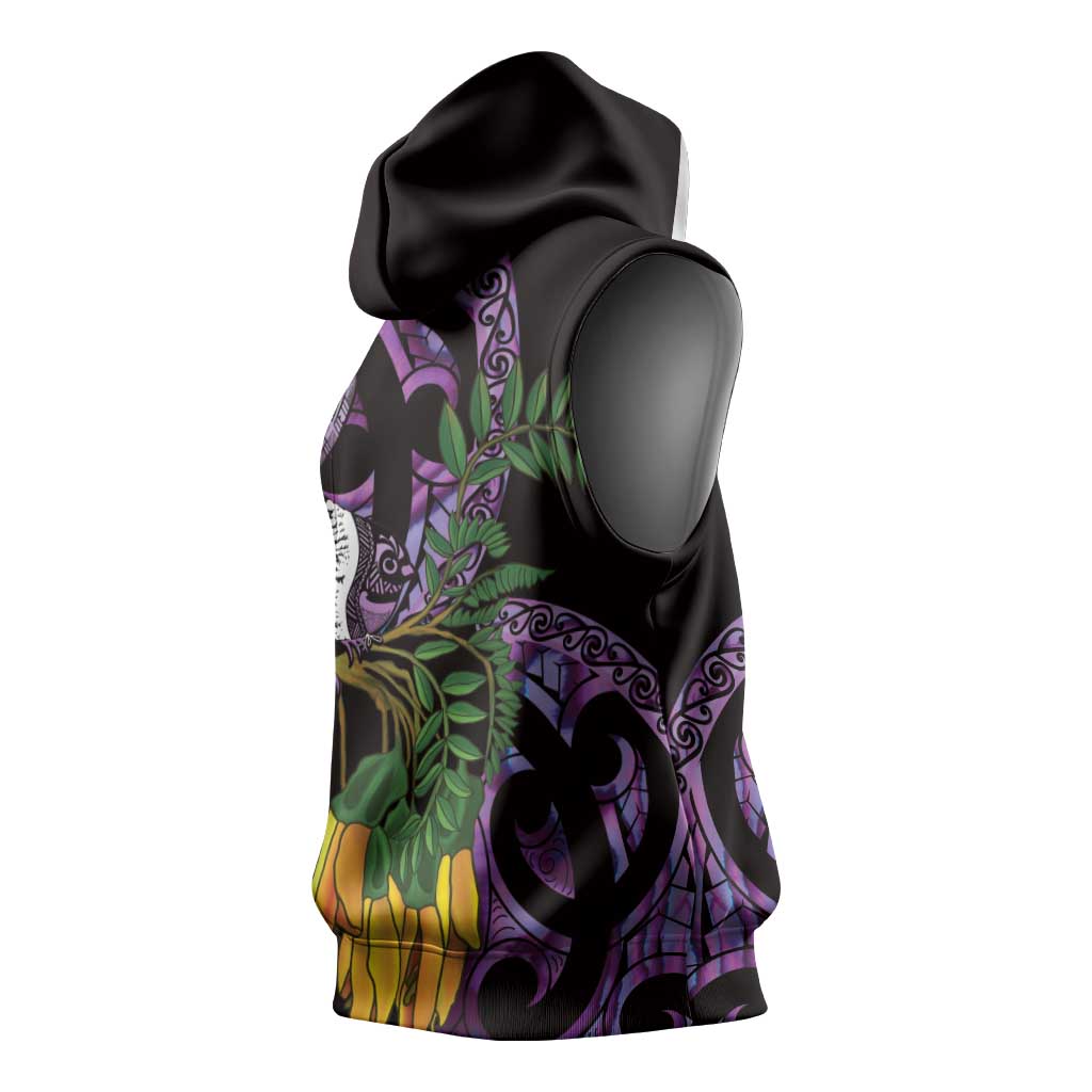 Purple New Zealand Kowhai And Piwakawaka Sleeveless Hoodie Maori Ngaru Paua Shell LT14 - Polynesian Pride