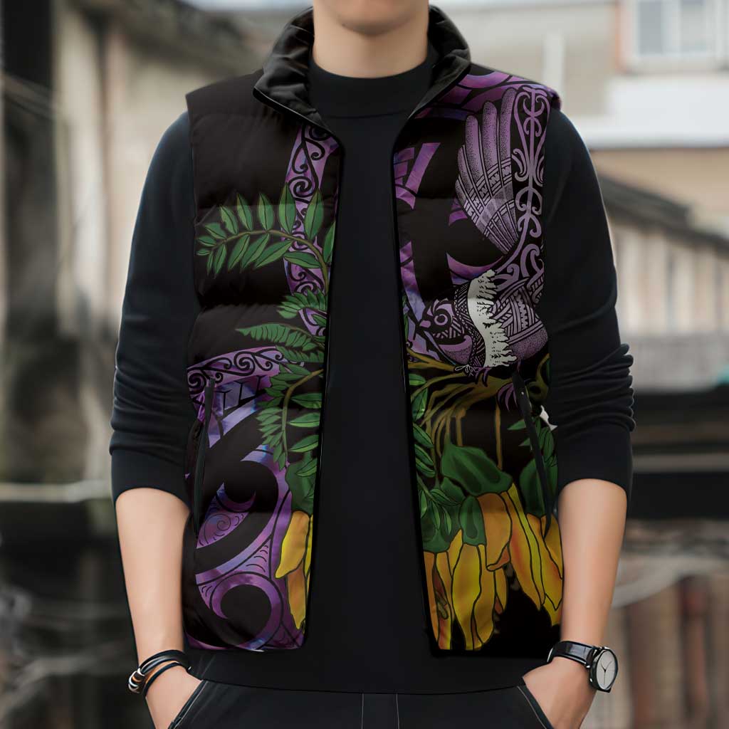 Purple New Zealand Kowhai And Piwakawaka Sleeveless Puffer Jacket Maori Ngaru Paua Shell LT14 - Polynesian Pride