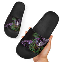Purple New Zealand Kowhai And Piwakawaka Slide Sandals Maori Ngaru Paua Shell LT14 - Polynesian Pride