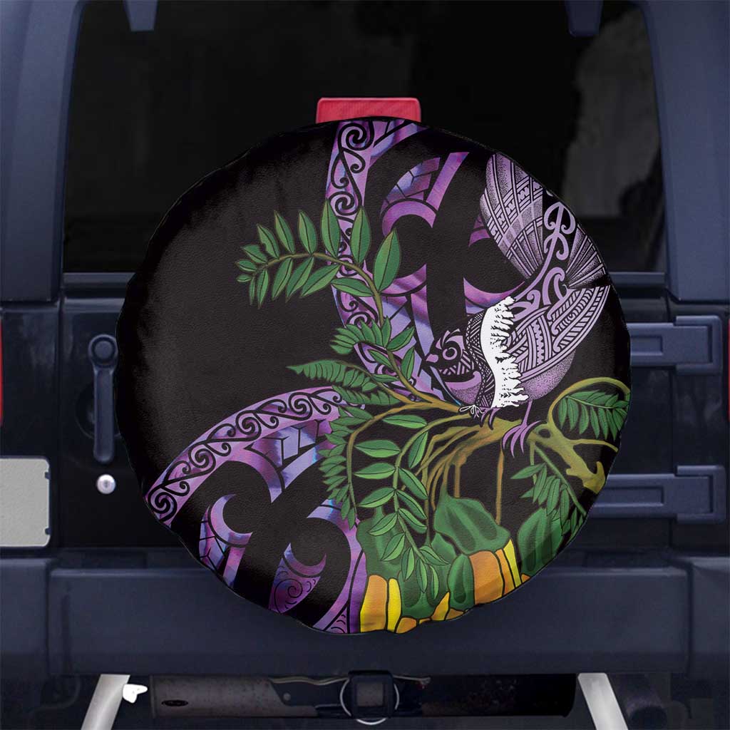 Purple New Zealand Kowhai And Piwakawaka Spare Tire Cover Maori Ngaru Paua Shell LT14 No hole Purple - Polynesian Pride