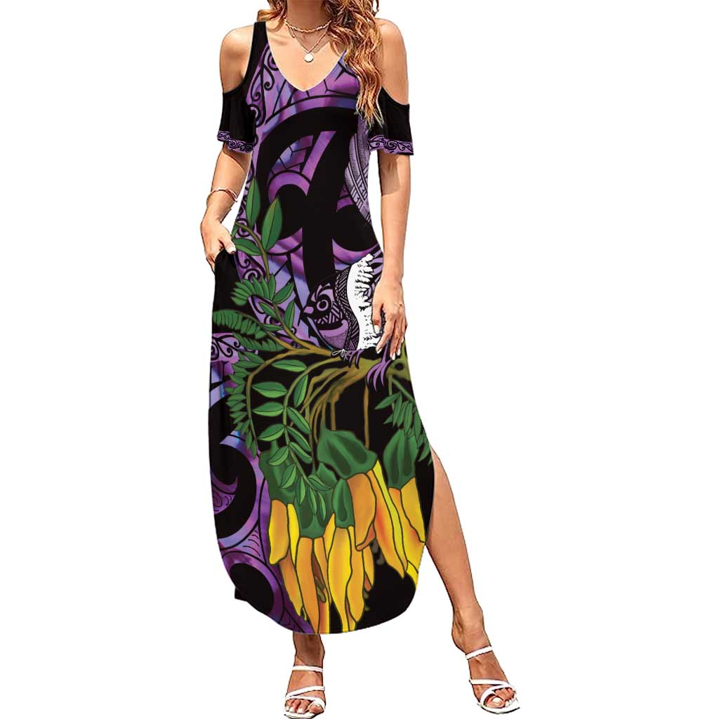 Purple New Zealand Kowhai And Piwakawaka Summer Maxi Dress Maori Ngaru Paua Shell LT14 Women Purple - Polynesian Pride