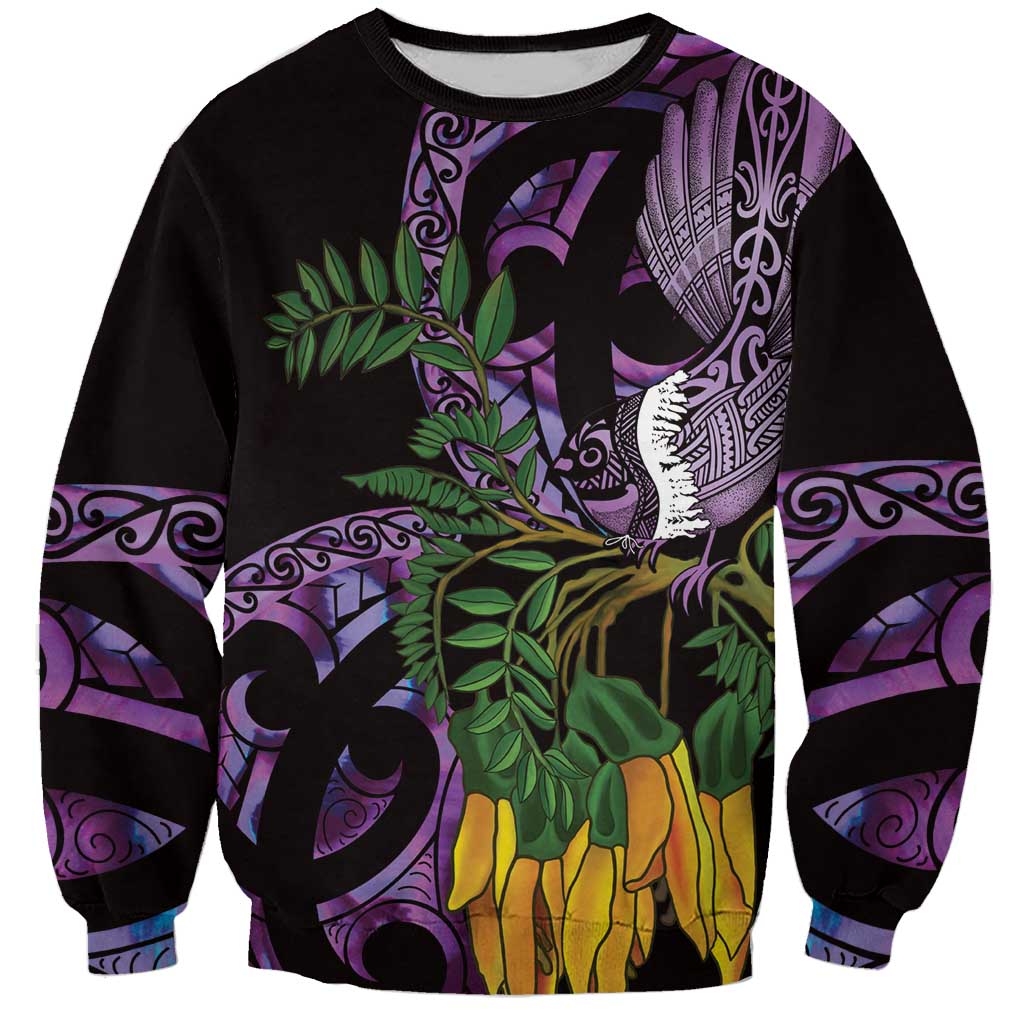 Purple New Zealand Kowhai And Piwakawaka Sweatshirt Maori Ngaru Paua Shell LT14 Unisex Purple - Polynesian Pride