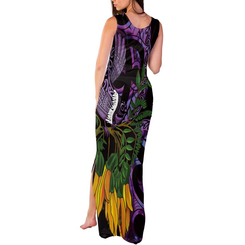 Purple New Zealand Kowhai And Piwakawaka Tank Maxi Dress Maori Ngaru Paua Shell LT14 - Polynesian Pride