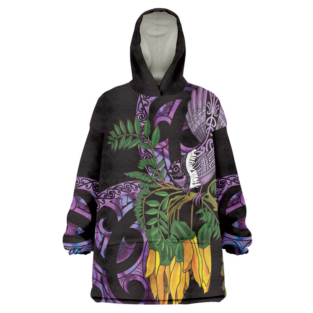 Purple New Zealand Kowhai And Piwakawaka Wearable Blanket Hoodie Maori Ngaru Paua Shell LT14 One Size Purple - Polynesian Pride