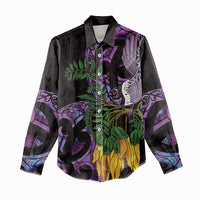 Purple New Zealand Kowhai And Piwakawaka Women Casual Shirt Maori Ngaru Paua Shell