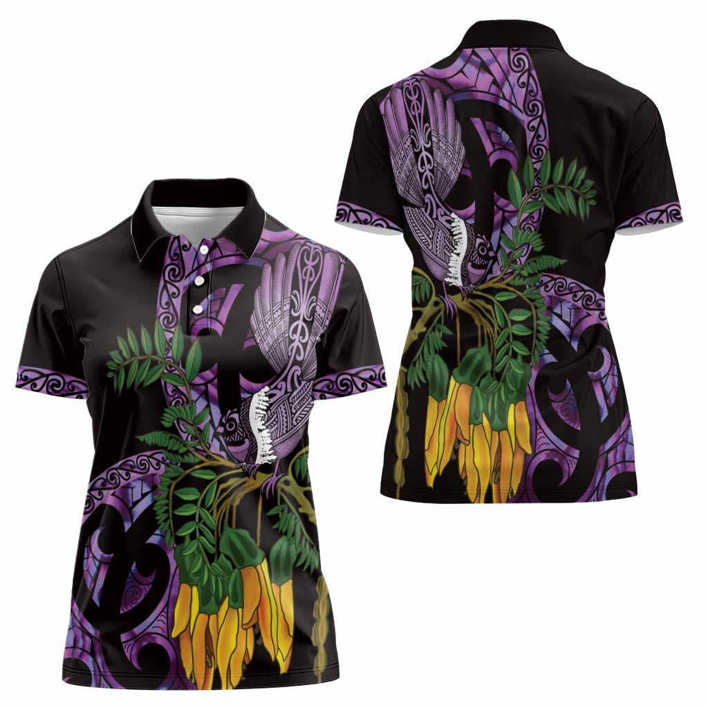 Purple New Zealand Kowhai And Piwakawaka Women Polo Shirt Maori Ngaru Paua Shell LT14 - Polynesian Pride