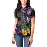 Purple New Zealand Kowhai And Piwakawaka Women Polo Shirt Maori Ngaru Paua Shell LT14 - Polynesian Pride