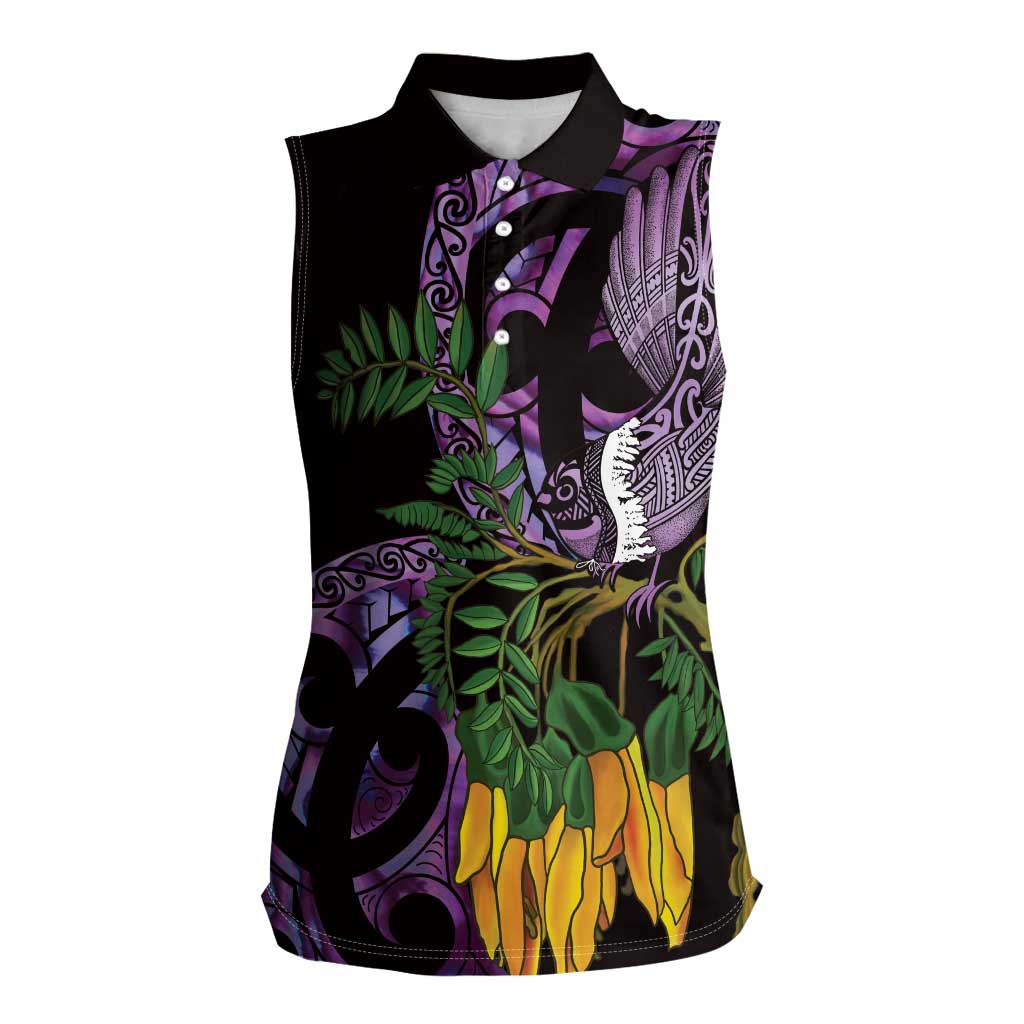 Purple New Zealand Kowhai And Piwakawaka Women Sleeveless Polo Shirt Maori Ngaru Paua Shell LT14 Female Purple - Polynesian Pride