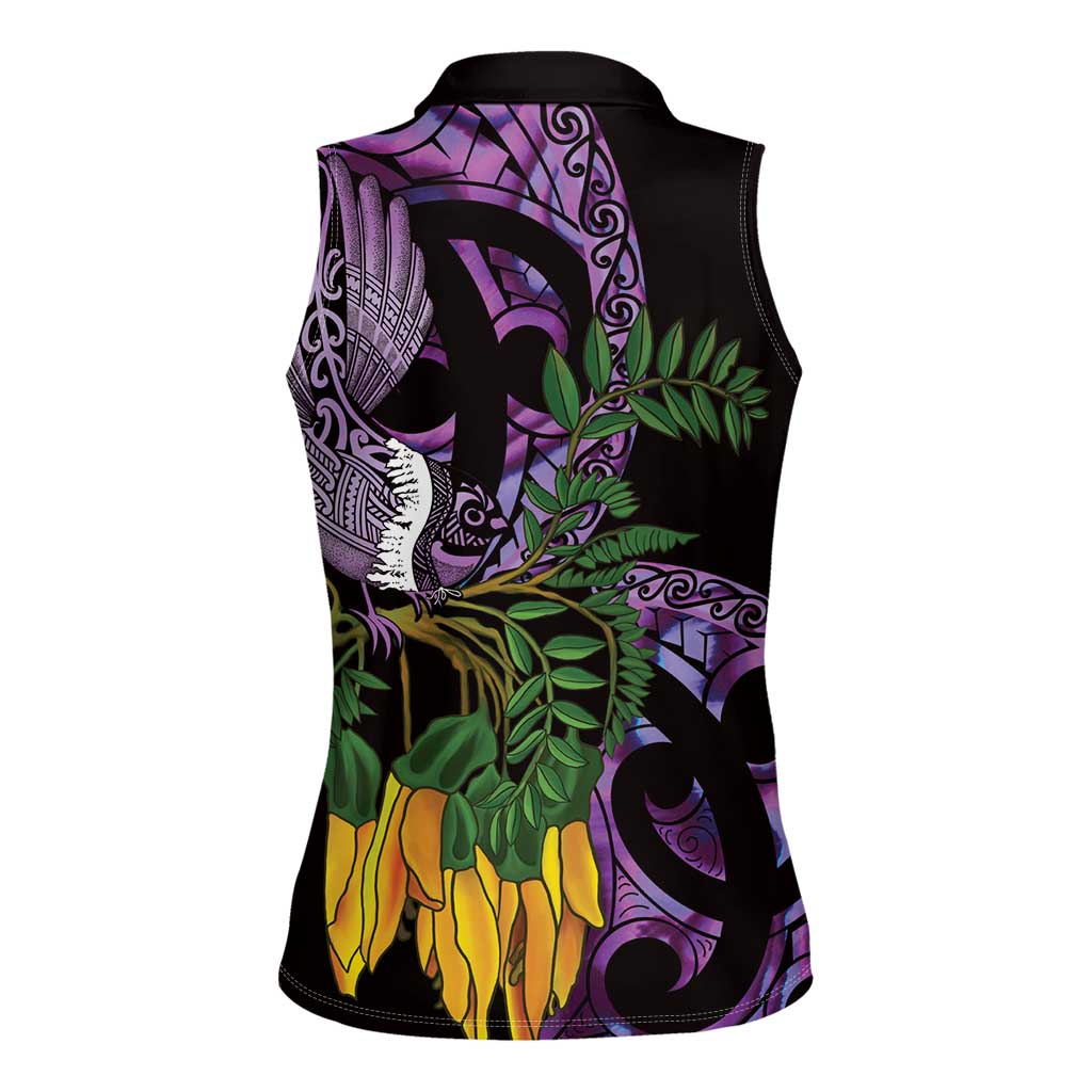 Purple New Zealand Kowhai And Piwakawaka Women Sleeveless Polo Shirt Maori Ngaru Paua Shell LT14 - Polynesian Pride