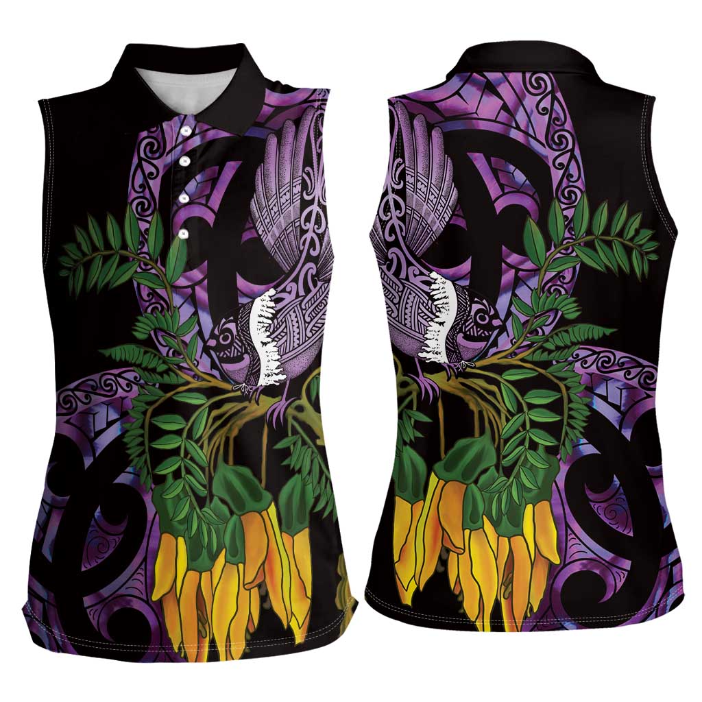 Purple New Zealand Kowhai And Piwakawaka Women Sleeveless Polo Shirt Maori Ngaru Paua Shell LT14 - Polynesian Pride