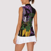 Purple New Zealand Kowhai And Piwakawaka Women Sleeveless Polo Shirt Maori Ngaru Paua Shell LT14 - Polynesian Pride
