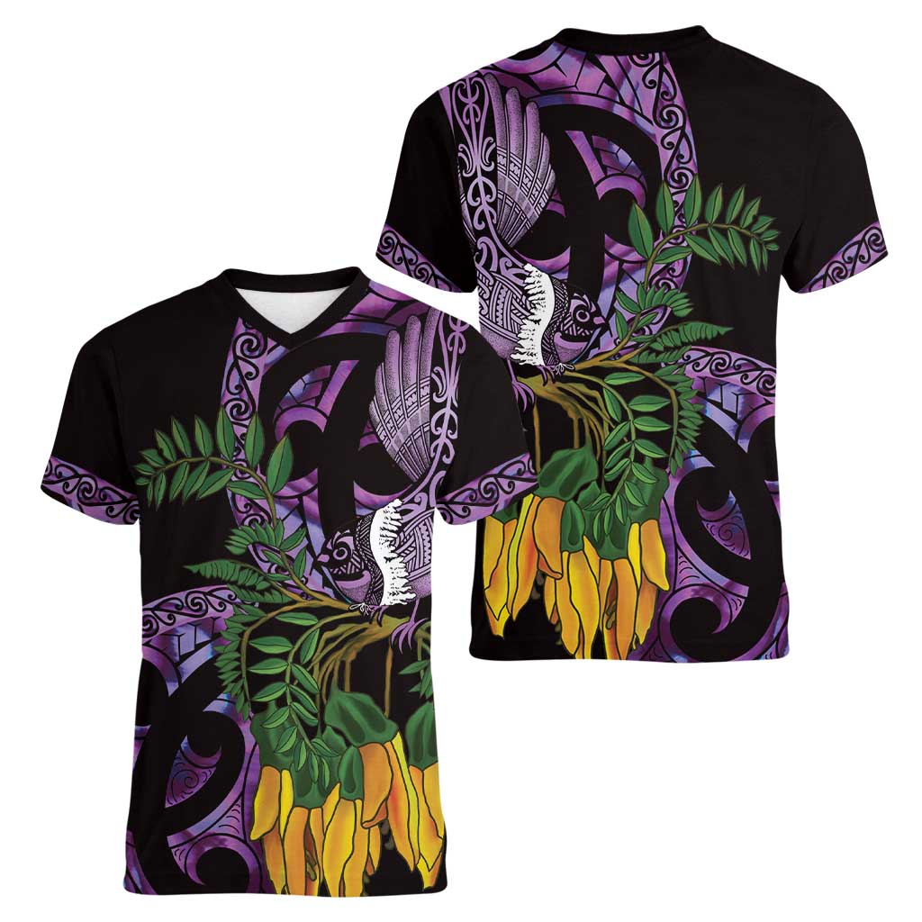 Purple New Zealand Kowhai And Piwakawaka Women V-Neck T-Shirt Maori Ngaru Paua Shell LT14 - Polynesian Pride