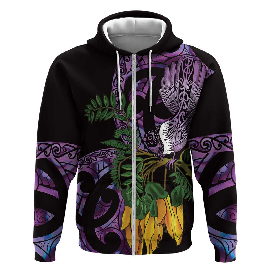 Purple New Zealand Kowhai And Piwakawaka Zip Hoodie Maori Ngaru Paua Shell LT14 Zip Hoodie Purple - Polynesian Pride