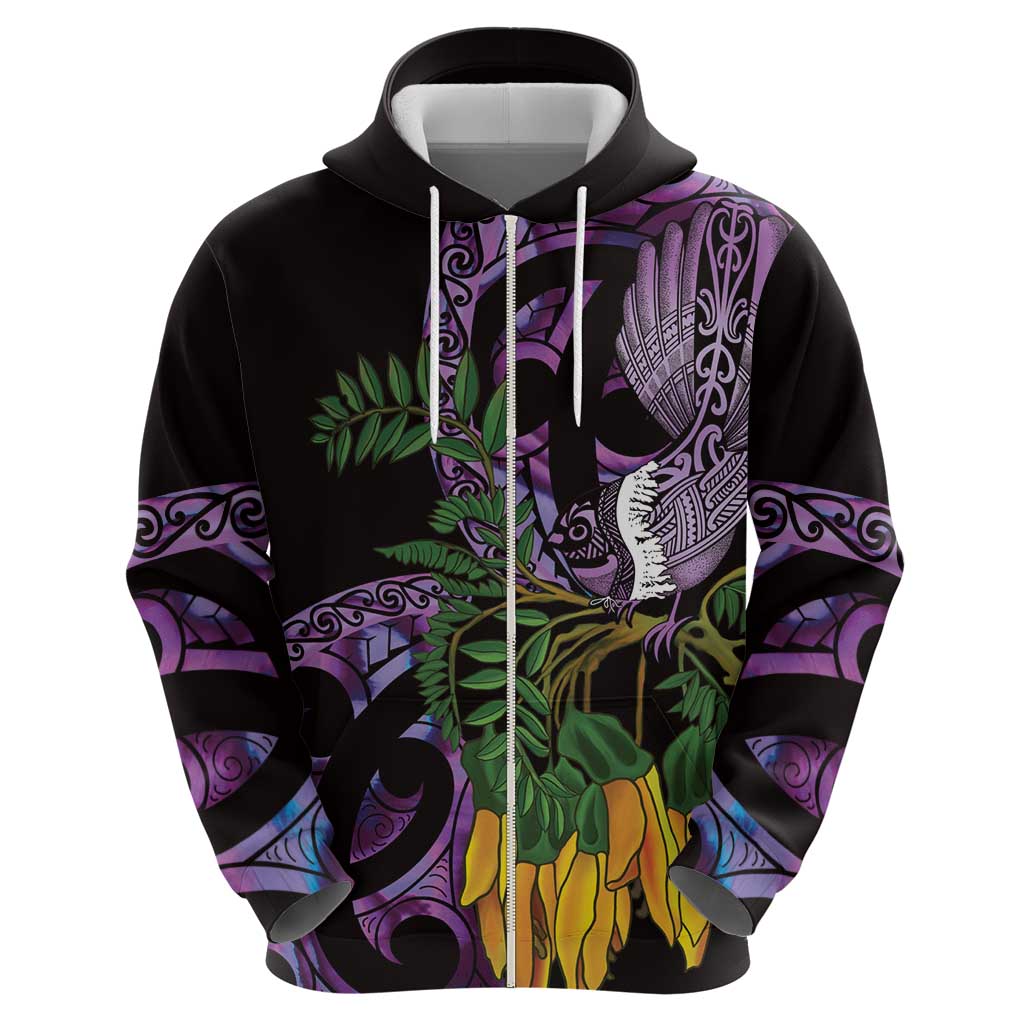Purple New Zealand Kowhai And Piwakawaka Zip Hoodie Maori Ngaru Paua Shell LT14 - Polynesian Pride