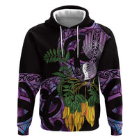 Purple New Zealand Kowhai And Piwakawaka Zip Hoodie Maori Ngaru Paua Shell LT14 Pullover Hoodie Purple - Polynesian Pride