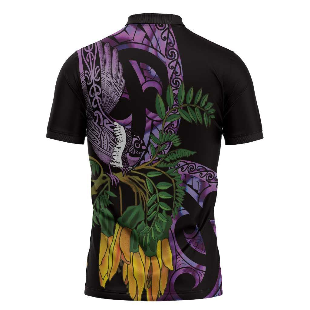 Purple New Zealand Kowhai And Piwakawaka Zipper Polo Shirt Maori Ngaru Paua Shell LT14 - Polynesian Pride