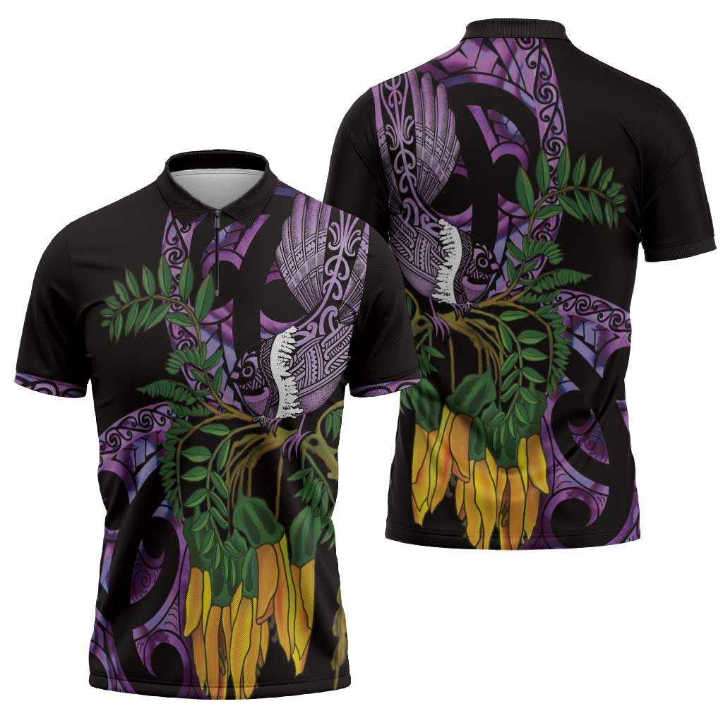 Purple New Zealand Kowhai And Piwakawaka Zipper Polo Shirt Maori Ngaru Paua Shell LT14 - Polynesian Pride
