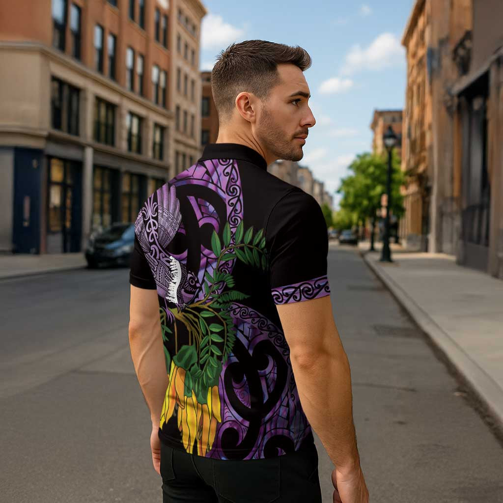 Purple New Zealand Kowhai And Piwakawaka Zipper Polo Shirt Maori Ngaru Paua Shell LT14 - Polynesian Pride