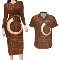 Vanuatu Indipendens Dei Couples Matching Long Sleeve Bodycon Dress and Hawaiian Shirt Yumi Sand Drawing Turtle Mix Lapita LT14 Brown - Polynesian Pride